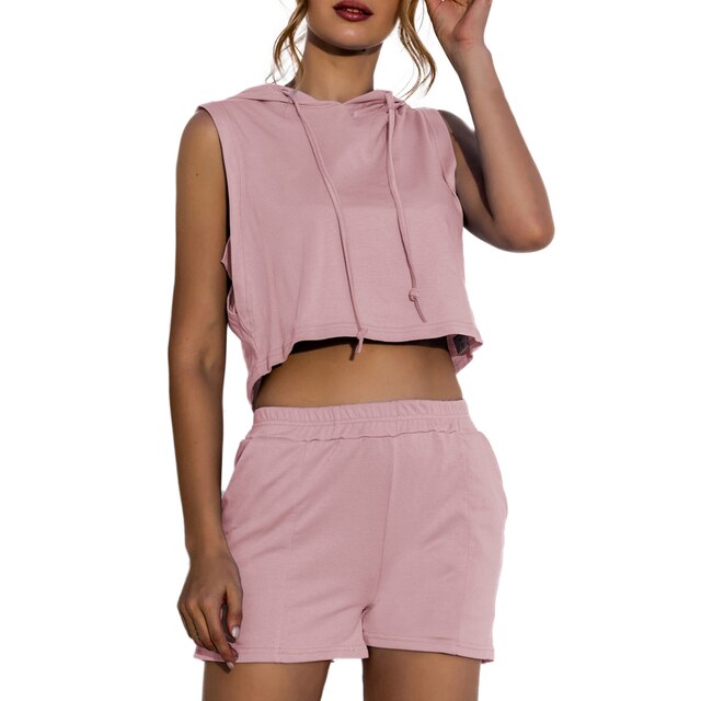 Women Outfits 2 Piece Set Summer Suits Sleeveless Hooded Tank-Top Loose Shorts with Pockets Workout Set Casual Femme Streetwear