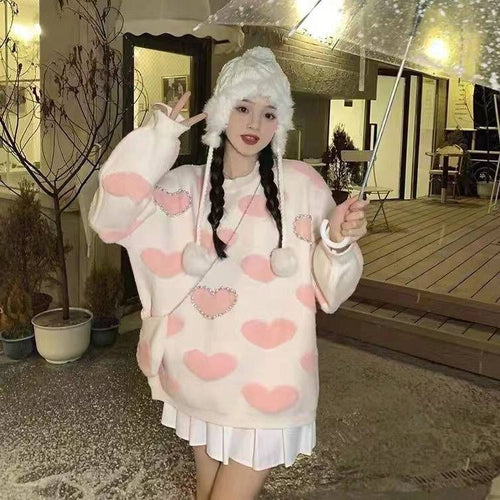 Women Oversize Sweater and Pullovers Autumn Winter O-Neck Sweet Flower Printed Elastic Jumpers Long Sleeve Pink Female Loose Str