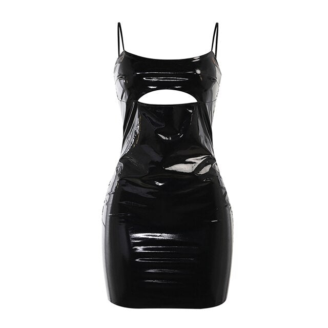 Women PU Leather Adjustable Spaghetti Strap Dress Party Clubwear Dress Sexy Wet Look Patent Leather Cutout Dress For Women