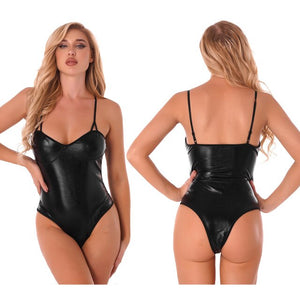 Women PU Leather Bodysuits Femme Party Black V-neck Skinny Sleeveless Spaghetti Strap Jumpsuit Rompers Lady Sensual Underwear