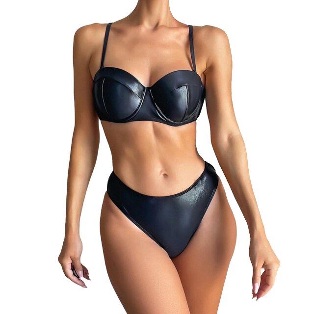 Women PU Leather Lingerie Swimwear Push Up Bikini Set Bra Top & Briefs Brazilian Bathing Suit Swimming Suit Sexy Adult Swimsuit