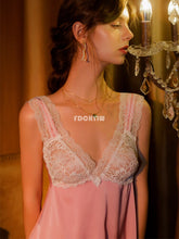 Load image into Gallery viewer, Women Pajama Dress Sleepwear Sets Sexy Lingerie Mini Dress Lace Side Slit Sling Sleep Dress Deep V Ice Silk Nightdress Nightgown