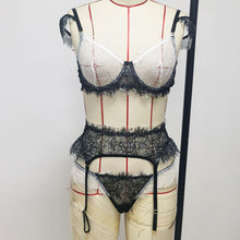 Load image into Gallery viewer, Women Patchwork Sexy Mesh Lingerie Set Garter Lace Hollow Out Bra Sex Thong Transparent Temptation Erotic 3 Piece Underwear Set