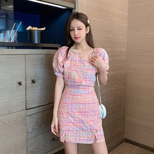 Load image into Gallery viewer, Women Pink Plaid Two Piece Set Summer New Fashion Short Puff Sleeve Single Breasted Tops 2 Piece High Waist Skirt Casual Suits