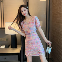 Load image into Gallery viewer, Women Pink Plaid Two Piece Set Summer New Fashion Short Puff Sleeve Single Breasted Tops 2 Piece High Waist Skirt Casual Suits