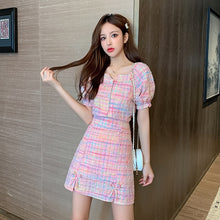 Load image into Gallery viewer, Women Pink Plaid Two Piece Set Summer New Fashion Short Puff Sleeve Single Breasted Tops 2 Piece High Waist Skirt Casual Suits