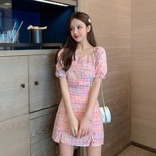 Load image into Gallery viewer, Women Pink Plaid Two Piece Set Summer New Fashion Short Puff Sleeve Single Breasted Tops 2 Piece High Waist Skirt Casual Suits