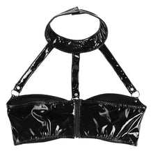 Load image into Gallery viewer, Women Pole Dance Crop Top Wet Look Patent Leather Lingerie Halter Neck Strappy Harness Backless Wire-free Bustier Bra Top