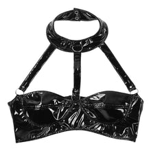 Load image into Gallery viewer, Women Pole Dance Crop Top Wet Look Patent Leather Lingerie Halter Neck Strappy Harness Backless Wire-free Bustier Bra Top