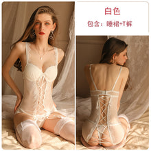 Load image into Gallery viewer, Women Porno Lingerie Sexy Mesh See-though Lace Hollow Bodysuit Thong Femme Erotica Sexi Nitghtdress Padded Chest G-string Set