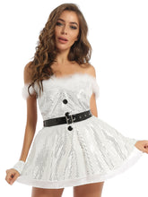 Load image into Gallery viewer, Women Princess Cosplay Party Gowns Dress Sleeveless White Shinning Dress Suit Clothes with Furry Shoulder Straps for Christmas