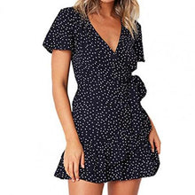 Load image into Gallery viewer, Women Print Short Sleeve Wrap Front V Neck Lacing Ruffle Hem Mini Dress for Date lady dresses for women office платье летнее