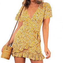 Load image into Gallery viewer, Women Print Short Sleeve Wrap Front V Neck Lacing Ruffle Hem Mini Dress for Date lady dresses for women office платье летнее