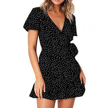 Load image into Gallery viewer, Women Print Short Sleeve Wrap Front V Neck Lacing Ruffle Hem Mini Dress for Date lady dresses for women office платье летнее