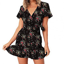 Load image into Gallery viewer, Women Print Short Sleeve Wrap Front V Neck Lacing Ruffle Hem Mini Dress for Date lady dresses for women office платье летнее