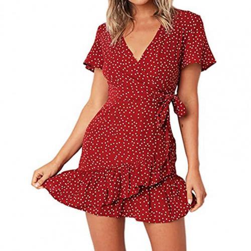 Women Print Short Sleeve Wrap Front V Neck Lacing Ruffle Hem Mini Dress for Date lady dresses for women office платье летнее