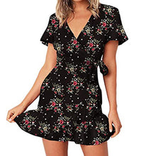 Load image into Gallery viewer, Women Print Short Sleeve Wrap Front V Neck Lacing Ruffle Hem Mini Dress for Date lady dresses for women office платье летнее