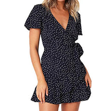 Load image into Gallery viewer, Women Print Short Sleeve Wrap Front V Neck Lacing Ruffle Hem Mini Dress for Date lady dresses for women office платье летнее