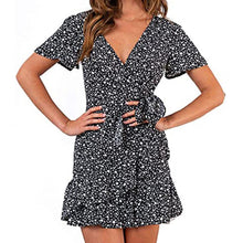 Load image into Gallery viewer, Women Print Short Sleeve Wrap Front V Neck Lacing Ruffle Hem Mini Dress for Date lady dresses for women office платье летнее