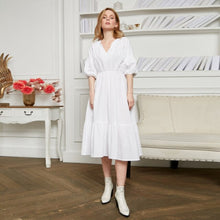 Load image into Gallery viewer, Women Puff Sleeve Ruffle Dress Vintage Elegant V Neck Party A Line Dresses Female High Waist Black Mid Length Dress 2021 Autumn