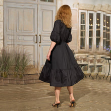 Load image into Gallery viewer, Women Puff Sleeve Ruffle Dress Vintage Elegant V Neck Party A Line Dresses Female High Waist Black Mid Length Dress 2021 Autumn