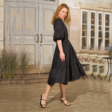 Load image into Gallery viewer, Women Puff Sleeve Ruffle Dress Vintage Elegant V Neck Party A Line Dresses Female High Waist Black Mid Length Dress 2021 Autumn