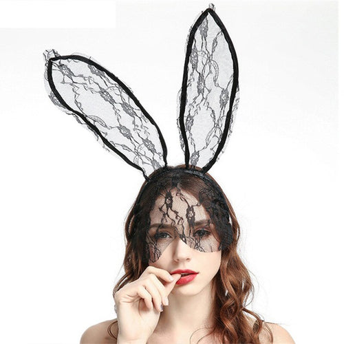 Women Rabbit Ears Sexy Lace Model Hair Band Bunny Veil Fashion Black Hair Accessories Halloween Party Mask Sex Tools