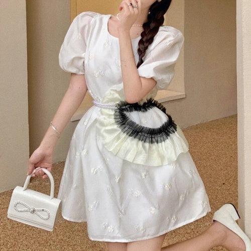 Women Robe 2021 Summer Jacquard New Slim Foreign Style A-line Dress Beading Chain Waist Cover Fashion Puff Sleeve O-neck Vestido