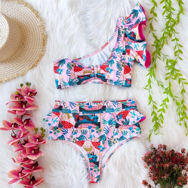 Women Ruffle Bikini Set Floral Printed High Waist Swimwear Single Shoulder Summer Beachwear Push Up Flounce Swimsuit Bath Suit