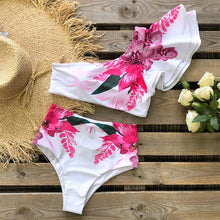 Load image into Gallery viewer, Women Ruffle Bikini Set Floral Printed High Waist Swimwear Single Shoulder Summer Beachwear Push Up Flounce Swimsuit Bath Suit