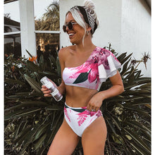Load image into Gallery viewer, Women Ruffle Bikini Set Floral Printed High Waist Swimwear Single Shoulder Summer Beachwear Push Up Flounce Swimsuit Bath Suit