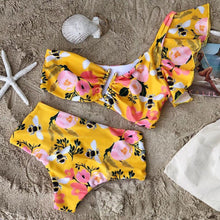 Load image into Gallery viewer, Women Ruffle Bikini Set Floral Printed High Waist Swimwear Single Shoulder Summer Beachwear Push Up Flounce Swimsuit Bath Suit