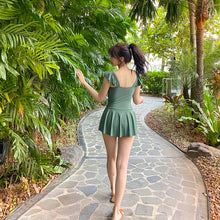 Load image into Gallery viewer, Women Ruffle One Piece Swimsuit Mesh Patchwork Swimwear Skirt Monokini Pleated Open Back Trikini Korea Push Up Pad Bathing Suit