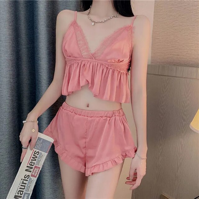 Women'S 2 Piece Set 2022 Summer Pure Desire Sexy Lace Suspenders + Solid Color Shorts Satin Pyjamas  Home Clothes Women