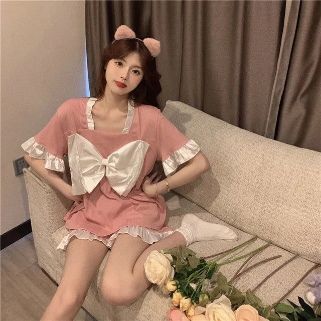Women 2 Piece Set Pajamas For Women Summer 2022 New Kawaii Pajamas Bow Short-Sleeved Shorts Loose Home Clothes Broek Sets
