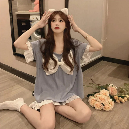 Women 2 Piece Set Pajamas For Women Summer 2022 New Kawaii Pajamas Bow Short-Sleeved Shorts Loose Home Clothes Broek Sets