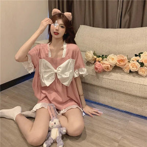 Women&#39;S 2 Piece Set Pajamas For Women Summer 2022 New Kawaii Pajamas Bow Short-Sleeved Shorts Loose Home Clothes Broek Sets