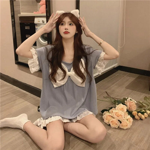 Women'S 2 Piece Set Pajamas For Women Summer 2022 New Kawaii Pajamas Bow Short-Sleeved Shorts Loose Home Clothes Broek Sets