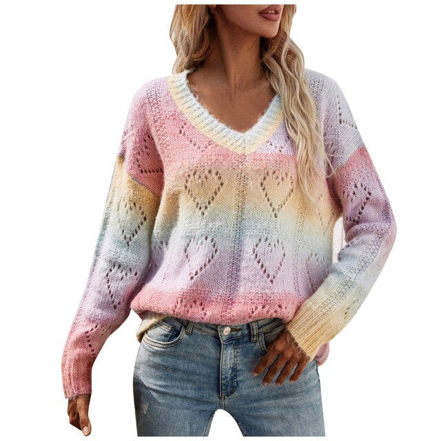 Women'S Autumn And Winter Tops Hollow Stitching Casual Loose Knitting Multicolor Pullover Pullover Sweater