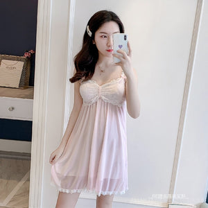 Women&#39;S Pajamas Lingerie Lace Sleepwear Robe 2 Piece Set Summer Thin Sexy Princess Style Strap Chest Pad Nightdress Homewear