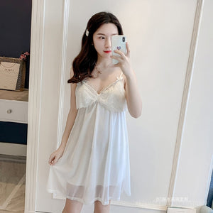Women&#39;S Pajamas Lingerie Lace Sleepwear Robe 2 Piece Set Summer Thin Sexy Princess Style Strap Chest Pad Nightdress Homewear