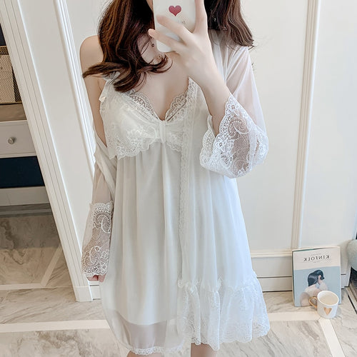 Women'S Pajamas Lingerie Lace Sleepwear Robe 2 Piece Set Summer Thin Sexy Princess Style Strap Chest Pad Nightdress Homewear