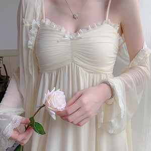 Women&#39;S Pajamas Robe Nightdress 2 Piece Set Romantic Lace Mesh Sleepwear Sexy Palace Princess Style Long Sleeve Home Wear Women