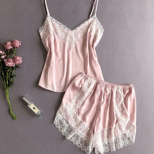 Women'S Pajamas Set  Sexy Spaghetti Straps Lace Splicing V Neck Silk Night Shirt Female Casual Comfortable Solid Home Clothes