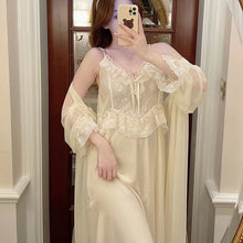 Load image into Gallery viewer, Women&#39;S Pajamas Sexy Lingerie Lace Hot Nightwear 2 Pcs Nightdress Robe Set Sleepwear Women Long Sleeve Female Bathrobe Homewear