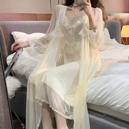 Women'S Pajamas Sexy Lingerie Lace Hot Nightwear 2 Pcs Nightdress Robe Set Sleepwear Women Long Sleeve Female Bathrobe Homewear