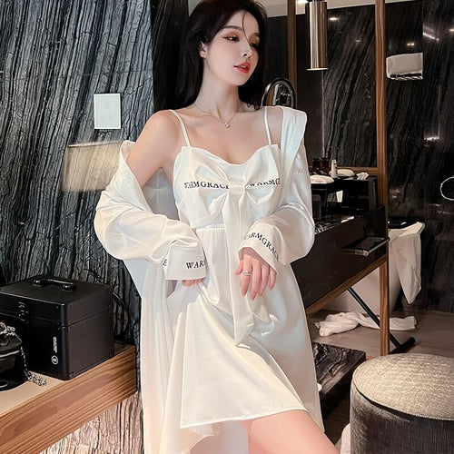 Women'S Pajamas Sexy Sleepwear Set Woman 2 Pieces Summer Silk Shirt White Suspenders Nightdress Robe Satin Home Clothes Suit
