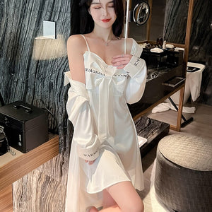 Women&#39;S Pajamas Sexy Sleepwear Set Woman 2 Pieces Summer Silk Shirt White Suspenders Nightdress Robe Satin Home Clothes Suit