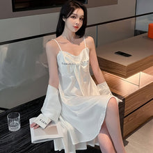 Load image into Gallery viewer, Women&#39;S Pajamas Sexy Sleepwear Set Woman 2 Pieces Summer Silk Shirt White Suspenders Nightdress Robe Satin Home Clothes Suit