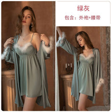 Load image into Gallery viewer, Women Satin Frayed Plush Suspender Skirt and Robe Two-piece Sexy Solid Color Lace Bathrobe Pajamas Suit Casual Loose Home Wear